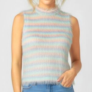 NEW Bershka Fuzzy Pastel Colors Sleeveless Knit Crop Top Size S Stripes Soft